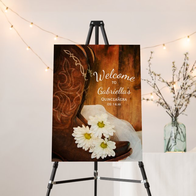 White Daisies Cowboy Boots Western Quinceañera Foam Board (In Situ (Stand))