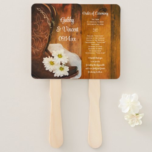 White Daisies Cowboy Boots Western Wedding Program Hand Fan