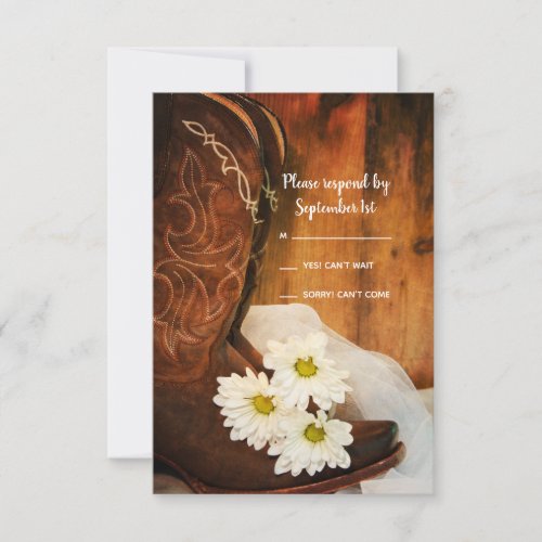 White Daisies Cowboy Boots Western Wedding RSVP