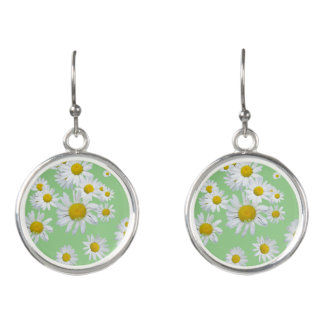 White Daisies Cust. BG L. Green Earrings