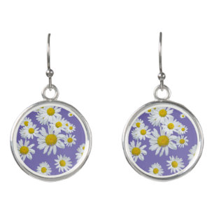 White Daisies Cust. BG Purple Earrings