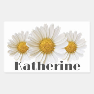 White Daisies Custom Name Floral Rectangular Sticker