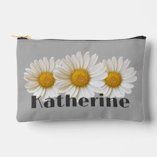 White Daisies Custom Name Gray Accessory Pouch