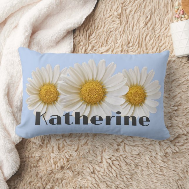 White Daisies Custom Name Light Blue Lumbar Pillow (Blanket)
