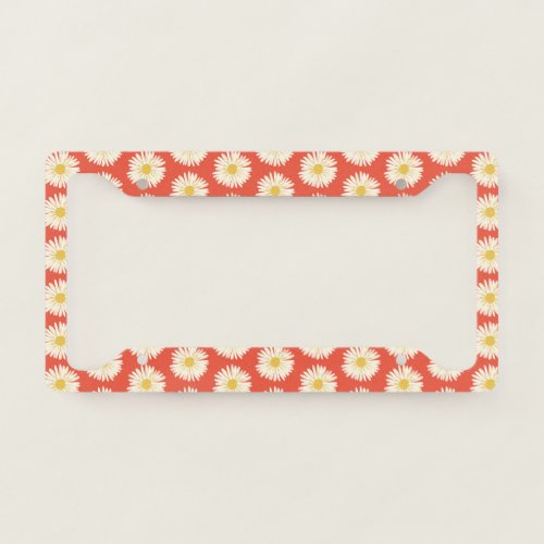 White Daisies Cute Colorful Handmade Boho Red  License Plate Frame