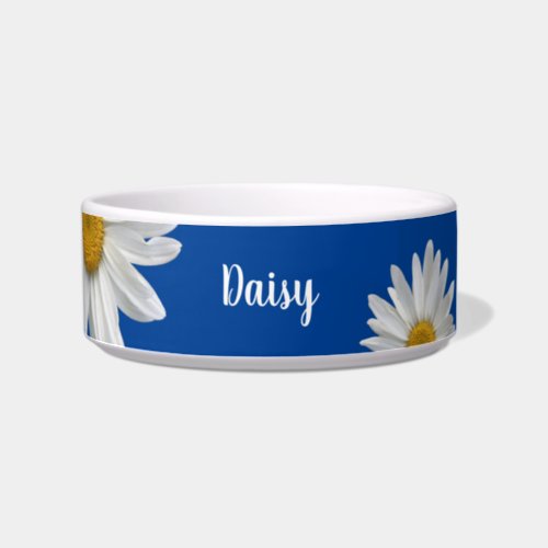 White Daisies Cute Floral Blue Pet Bowl