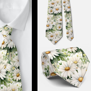 White Daisies Daisy Watercolor Floral Neck Tie