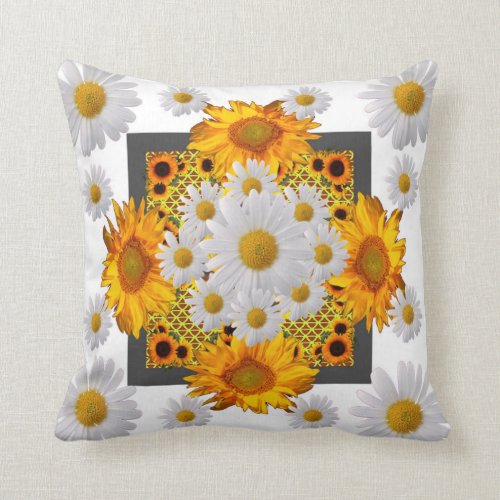 WHITE DAISIES FLORAL ABSTRACT & YELLOW SUNFLOWERS THROW PILLOW