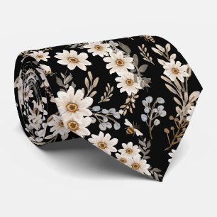 White Daisies Floral Pattern Black  Neck Tie