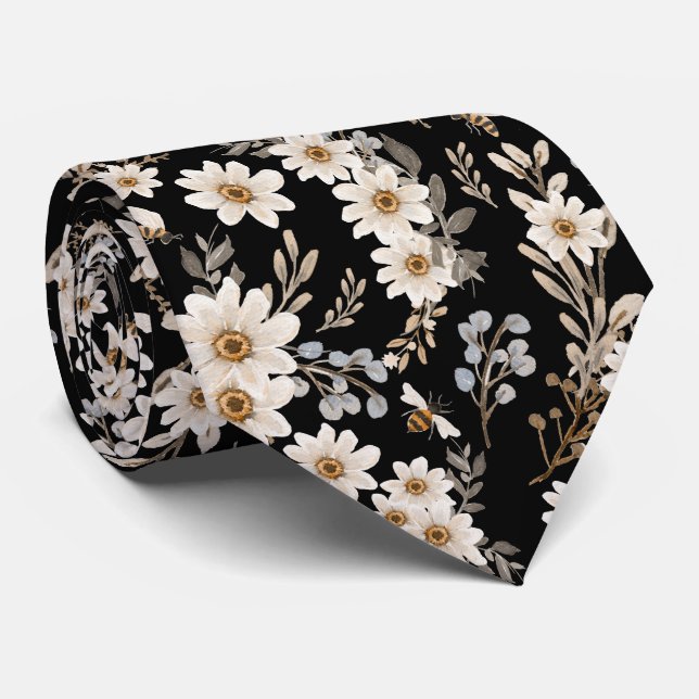White Daisies Floral Pattern Black  Neck Tie (Rolled)