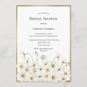White Daisies Floral Watercolor Gold Bridal Shower Invitation