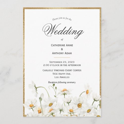 White Daisies Floral Watercolor Gold Wedding  Invitation