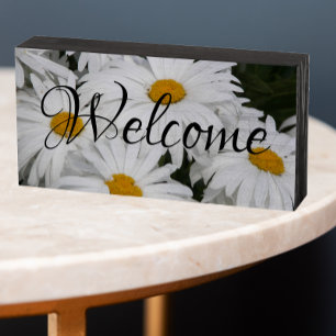 White Daisies Floral Welcome Wooden Box Sign
