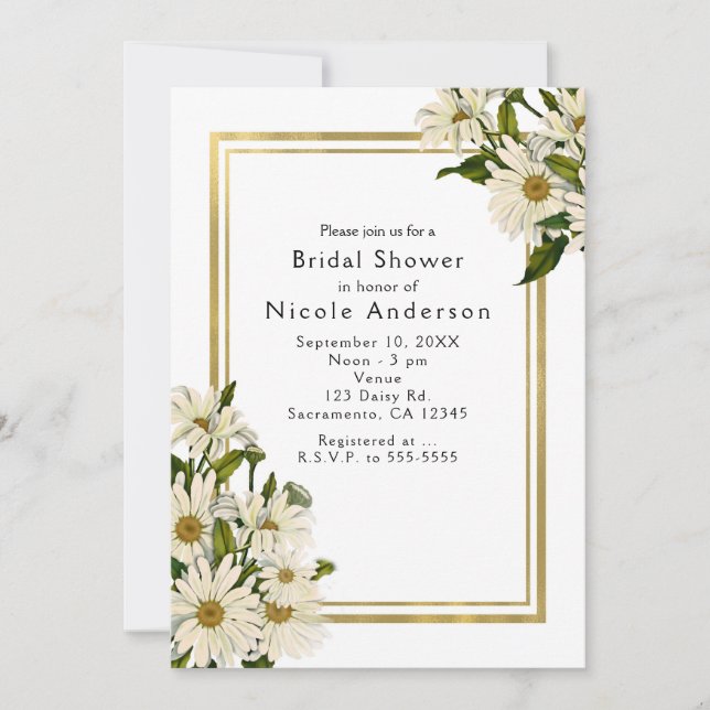 White Daisies & Gold Elegant Rustic Invitations (Front)