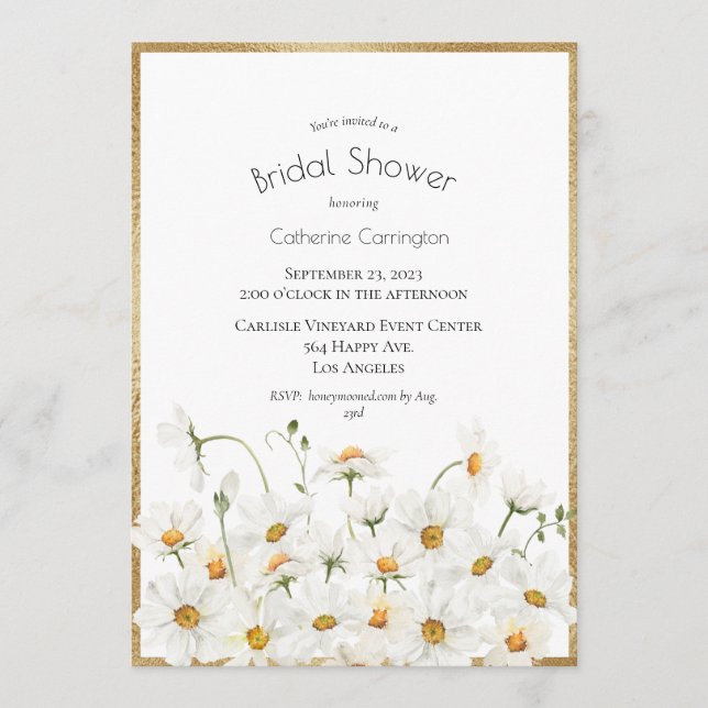 White Daisies Gold Floral Watercolor Bridal Shower Invitation (Front)