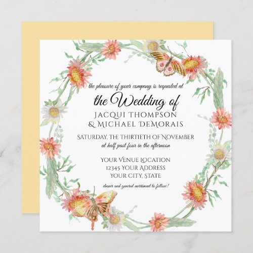 White Daisies Gold Yellow n Coral Butterfly Floral Invitation