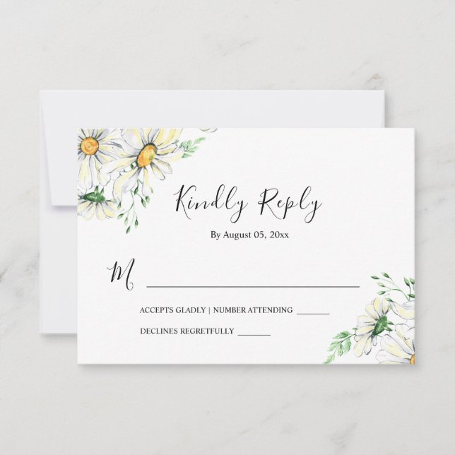 White Daisies Greenery Floral Watercolor Wedding RSVP Card (Front)