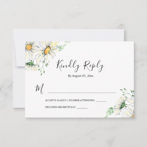 White Daisies Greenery Floral Watercolor Wedding RSVP Card