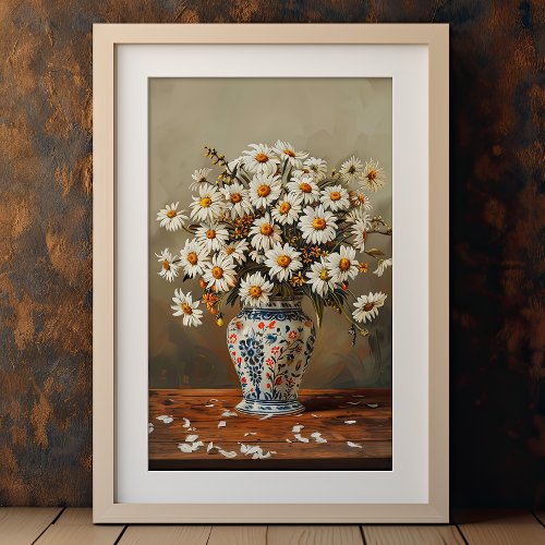 White Daisies In An Oriental Vase Gouache Painted Poster