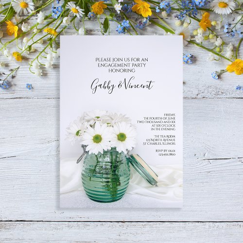 White Daisies in Blue Jar Engagement Party Invitation
