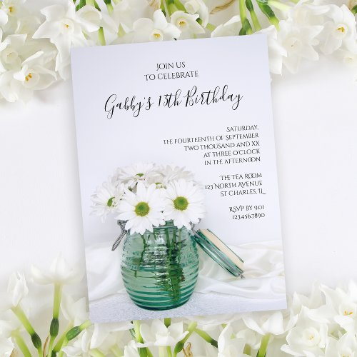 White Daisies in Blue Jar Vase Birthday Party Invitation