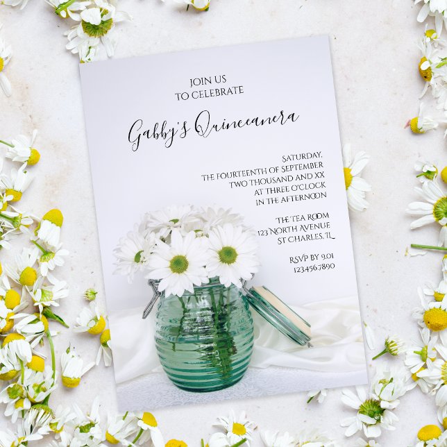 White Daisies in Blue Jar Vase Quinceanera Party Invitation (Creator Uploaded)
