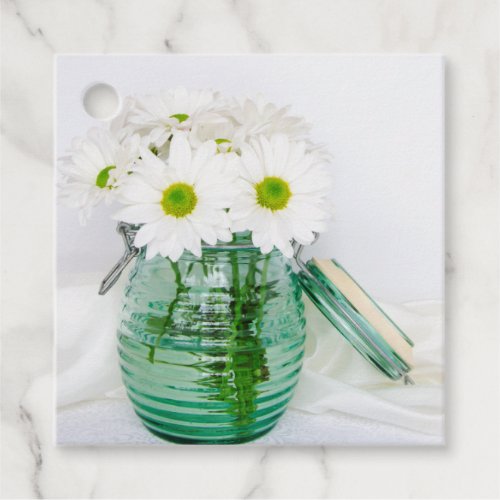White Daisies in Blue Jar Vase Wedding Favor Tags