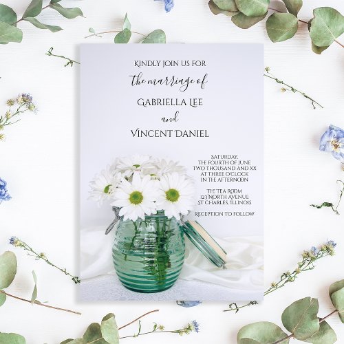 White Daisies in Blue Jar Vase Wedding Invitation