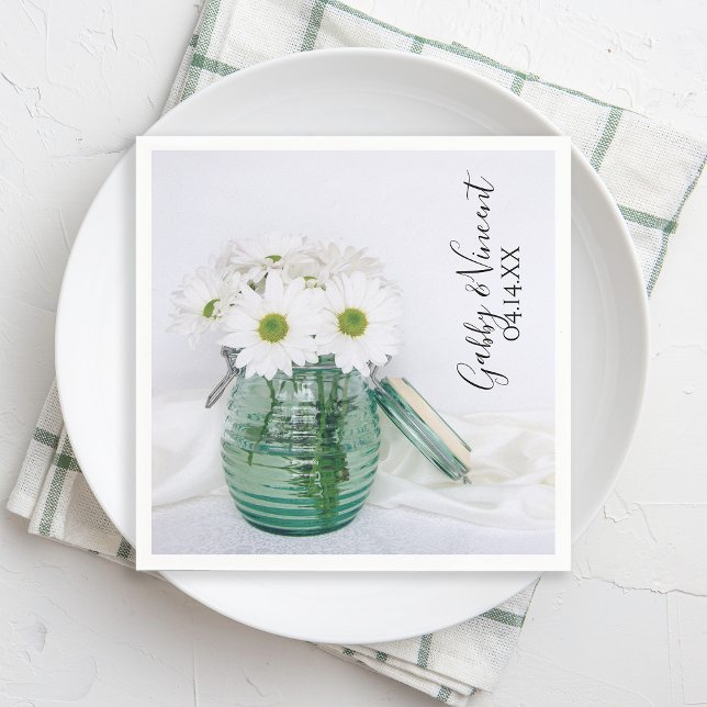 White Daisies in Blue Jar Vase Wedding Napkins (Creator Uploaded)