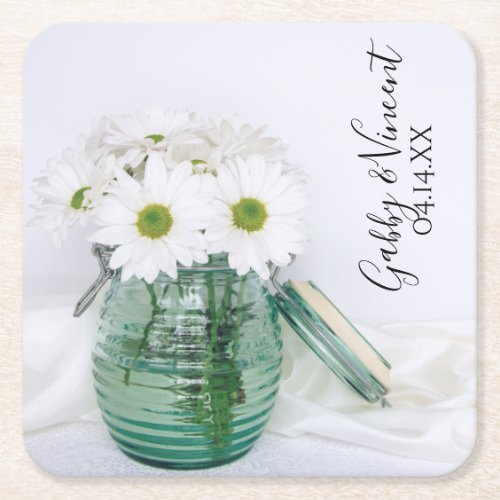 White Daisies in Blue Jar Vase Wedding Square Paper Coaster