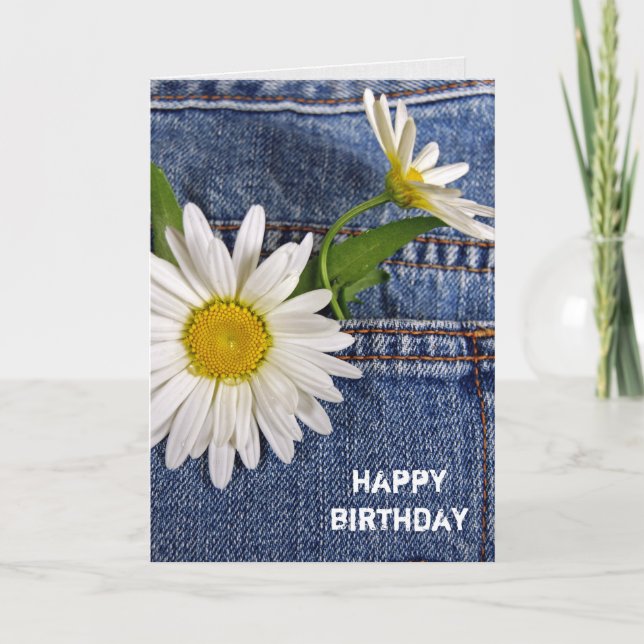 white daisies in blue jean pocket birthday card (Front)