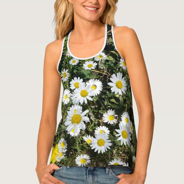 White Daisies in Grass All over Printed Tank Top (Front)