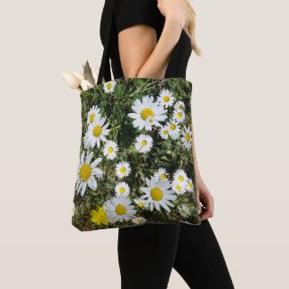 White Daisies in Grass All over Printed Tote Bag