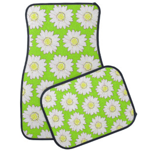 white daisies in Lime green -retro pattern Car Floor Mat