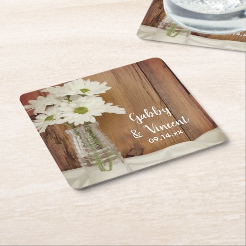 White Daisies in Milk Bottle Country Wedding  Square Paper Coaster