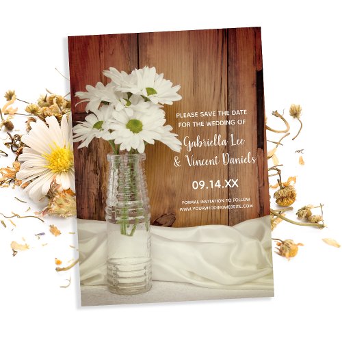 White Daisies in Milk Bottle Wedding Save the Date