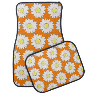  white  daisies  in  orange   -retro pattern  car floor mat