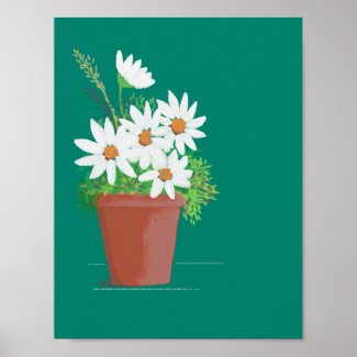 White Daisies in Terra Cotta Watercolor Painting Poster