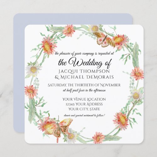 White Daisies Lavender Flowers Butterfly Floral Invitation