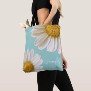 White Daisies Light Teal Personalized Tote Bag