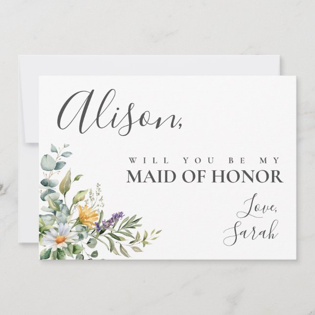 White Daisies Maid of Honor Proposal Card (Front)