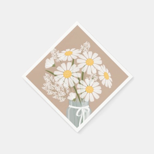 White Daisies Mason Jar Bouquet Beige Corner Napkins