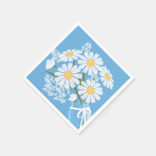 White Daisies Mason Jar Bouquet Blue Corner Napkins