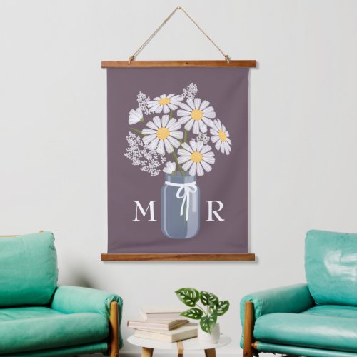 White Daisies Mason Jar Monogram on Dark Purple Hanging Tapestry