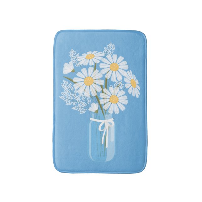 White Daisies Mason Jar on Blue Bathroom Mat (Front Vertical)