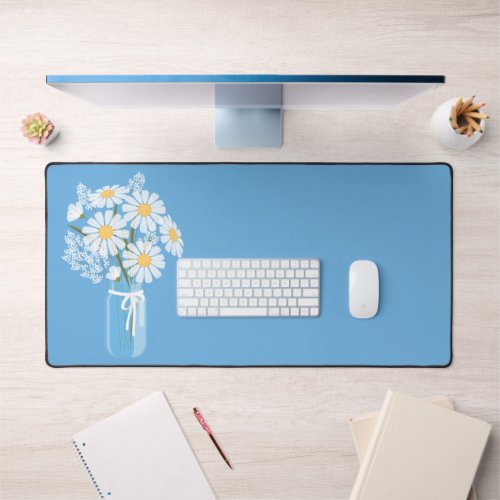 White Daisies Mason Jar on Blue Desk Mat