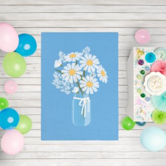 White Daisies Mason Jar on Blue Wedding