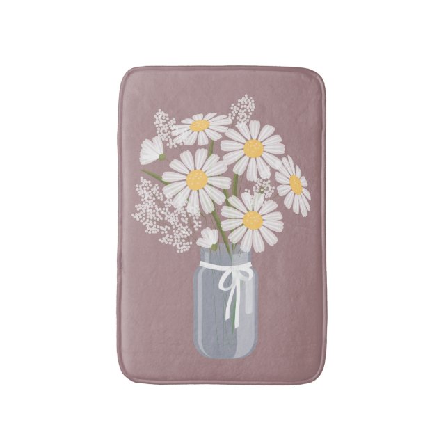 White Daisies Mason Jar on Dark Pink Bathroom Mat (Front Vertical)