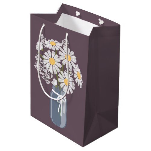 White Daisies Mason Jar on Dark Purple Medium Gift Bag