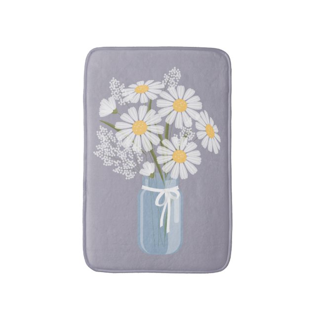 White Daisies Mason Jar on Lavender Bathroom Mat (Front Vertical)